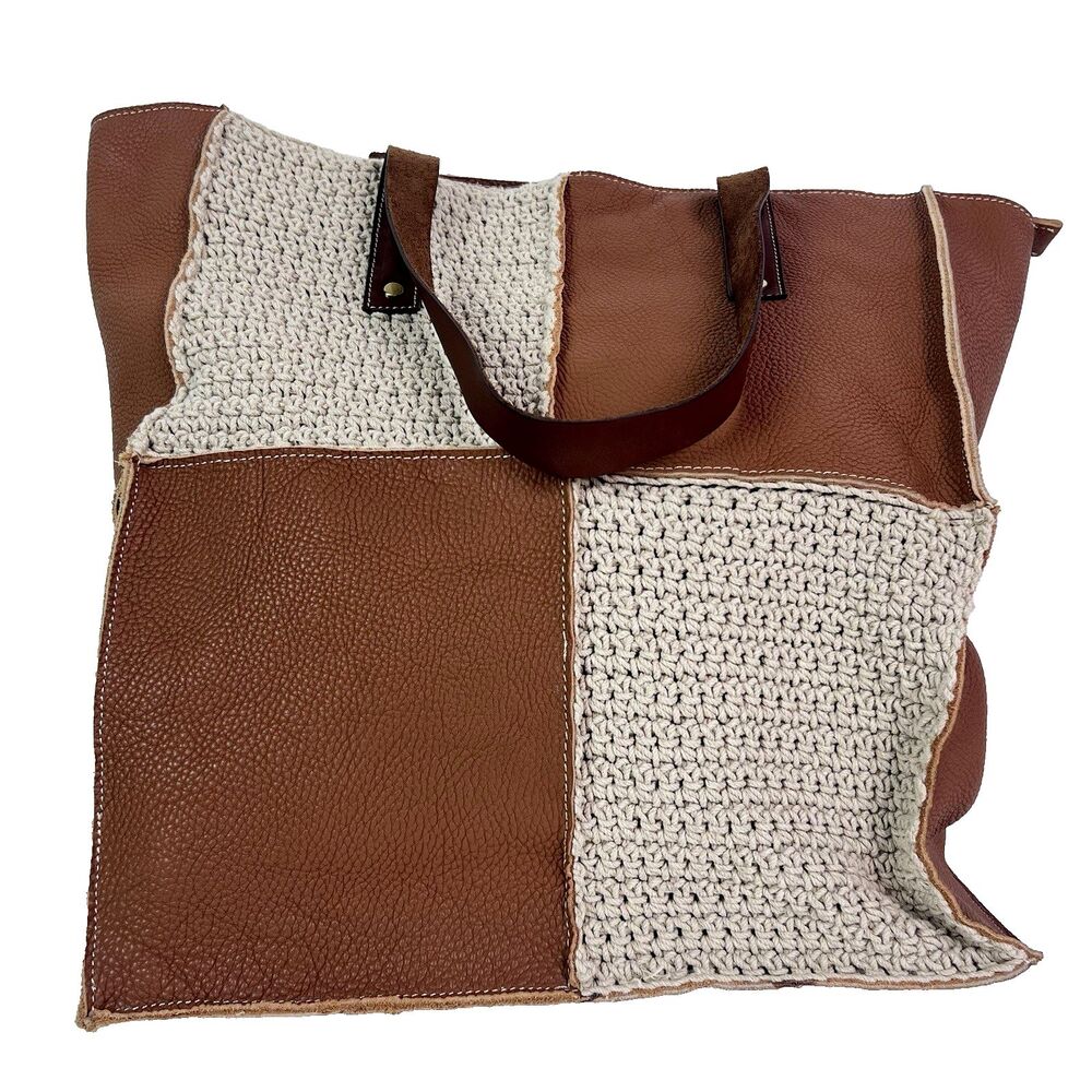 Tote Bag Macrame Beautiful Buttery Pebbled Brown Leather P O L Bohemian Quality